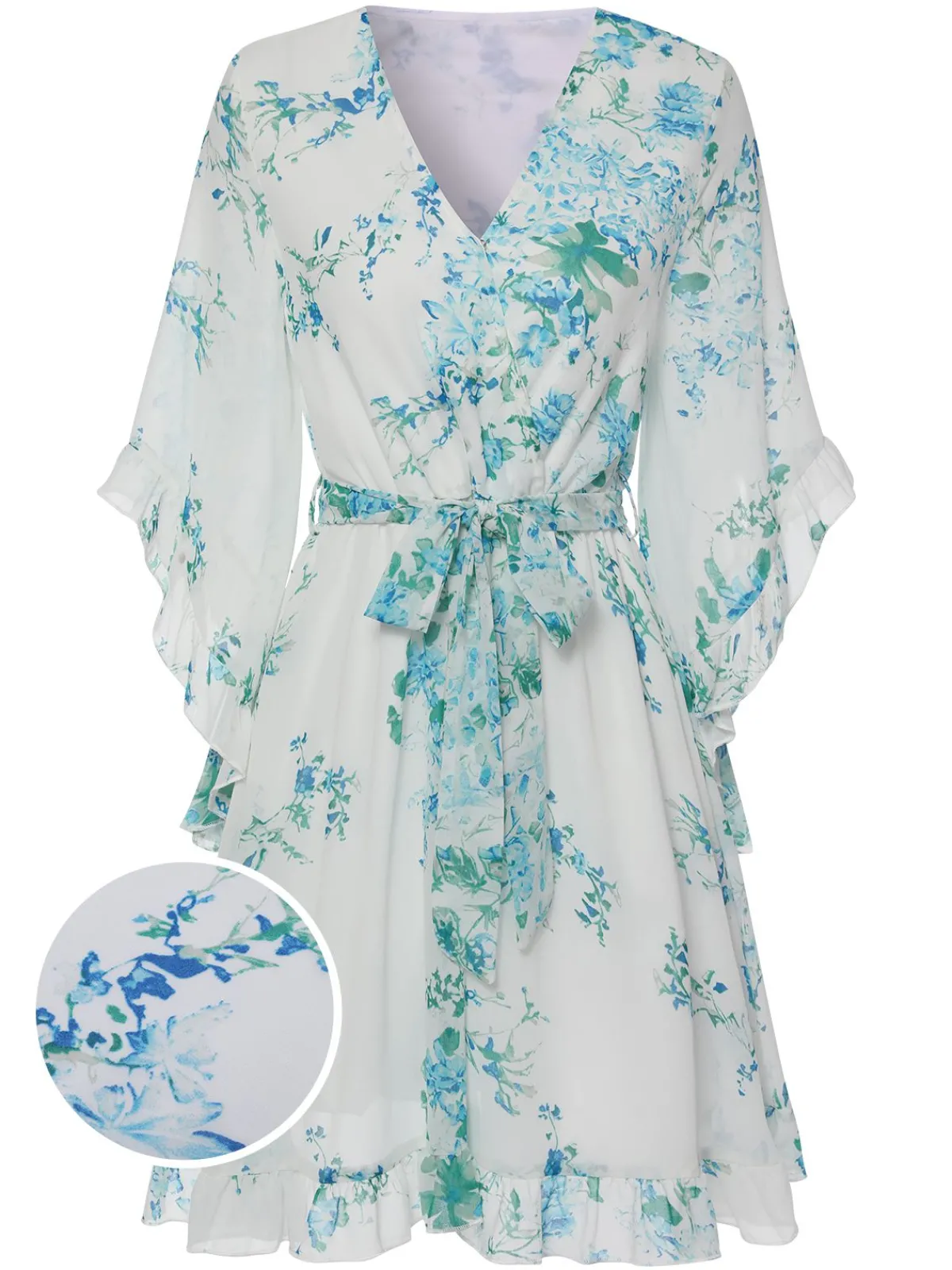 Best Retro Stage 1960s Floral Chiffon V-Neck Dress White
