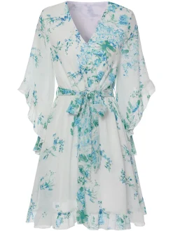 Best Retro Stage 1960s Floral Chiffon V-Neck Dress White