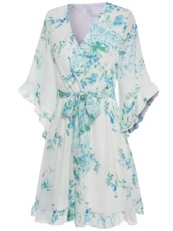Best Retro Stage 1960s Floral Chiffon V-Neck Dress White