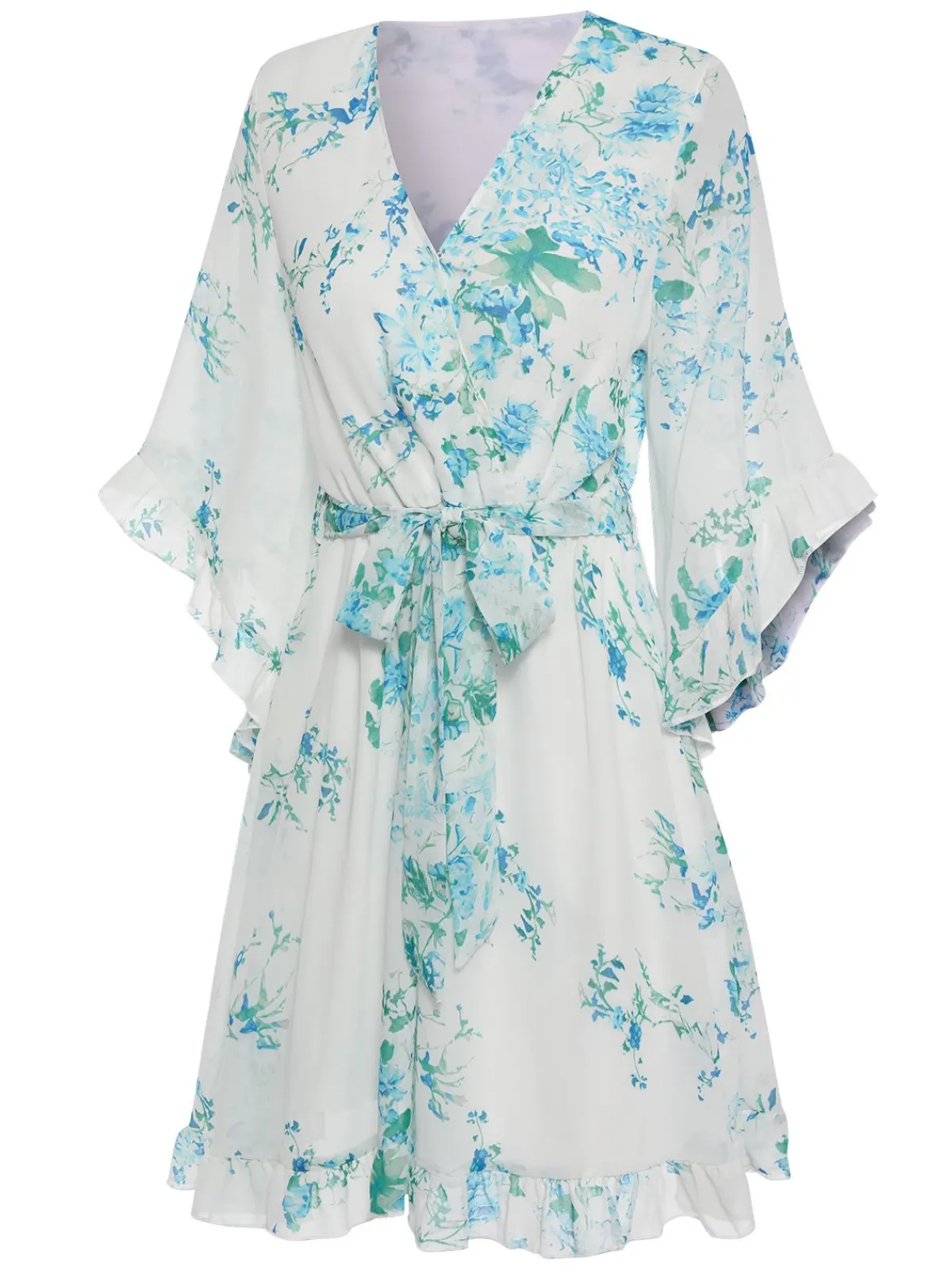 Best Retro Stage 1960s Floral Chiffon V-Neck Dress White