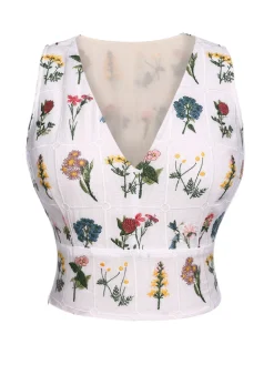 Clearance Retro Stage 1950s Floral Embroidery Crop Top White