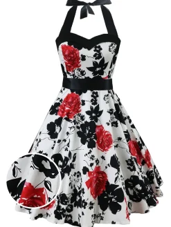 Fashion Retro Stage 1950s Floral Halter Swing Dress White