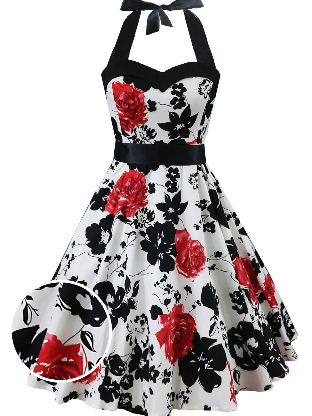 Fashion Retro Stage 1950s Floral Halter Swing Dress White