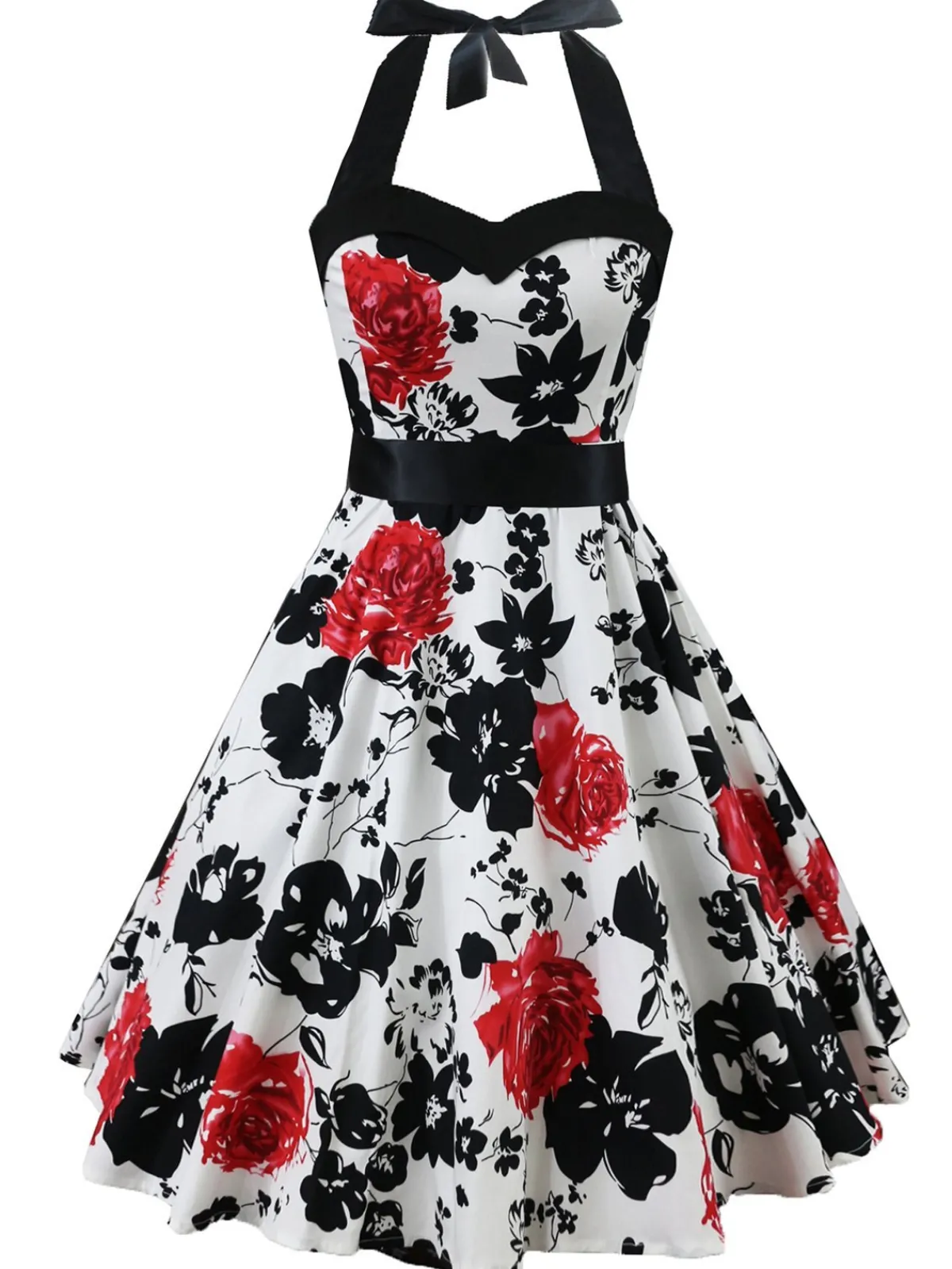 Fashion Retro Stage 1950s Floral Halter Swing Dress White