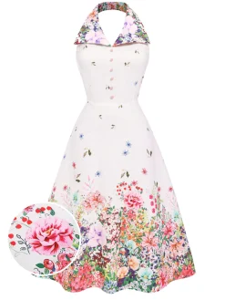 Best Retro Stage 1940s Floral Lapel Patchwork Dress White