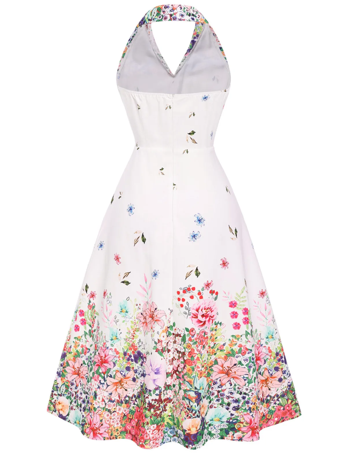 Best Retro Stage 1940s Floral Lapel Patchwork Dress White