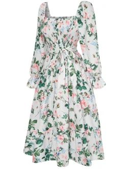 Hot Retro Stage 1940s Floral Pleated Belt Dress White