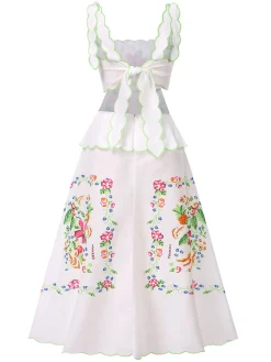 New Retro Stage 1940s Floral Print Tie Back Dress White