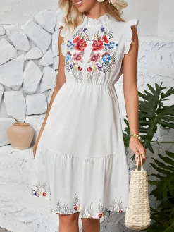 Discount Retro Stage 1940s Floral Ruffled Sleeveless Dress White
