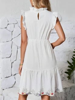 Discount Retro Stage 1940s Floral Ruffled Sleeveless Dress White