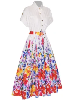 Online Retro Stage 1940s Floral Shirt Collar Belt Dress White