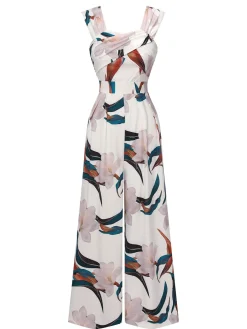 Online Retro Stage 1960s Floral Square Neck Jumpsuit White