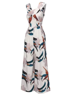 Online Retro Stage 1960s Floral Square Neck Jumpsuit White