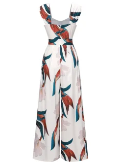 Online Retro Stage 1960s Floral Square Neck Jumpsuit White