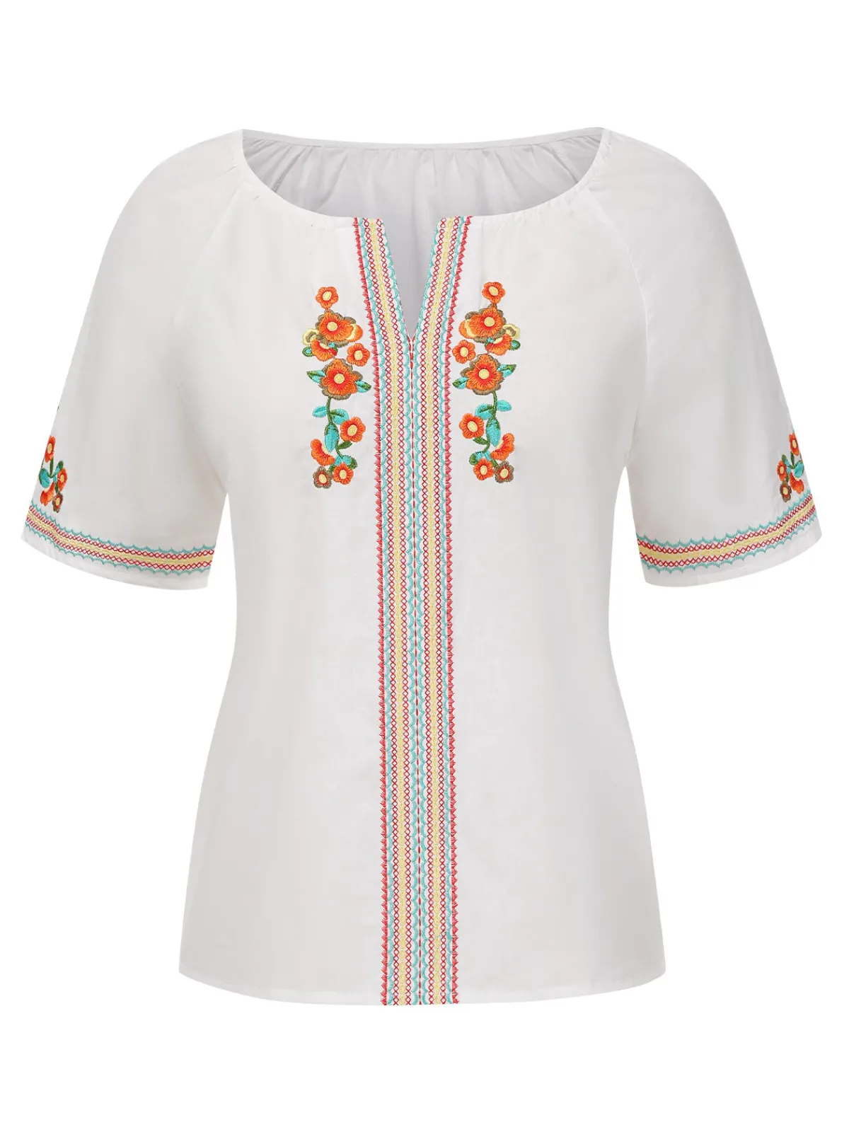 New Retro Stage 1970s Flower Embroidered Bohemian Top White