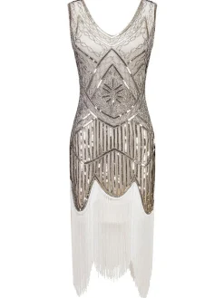 Clearance Retro Stage White 1920s Fringed Flapper Dress