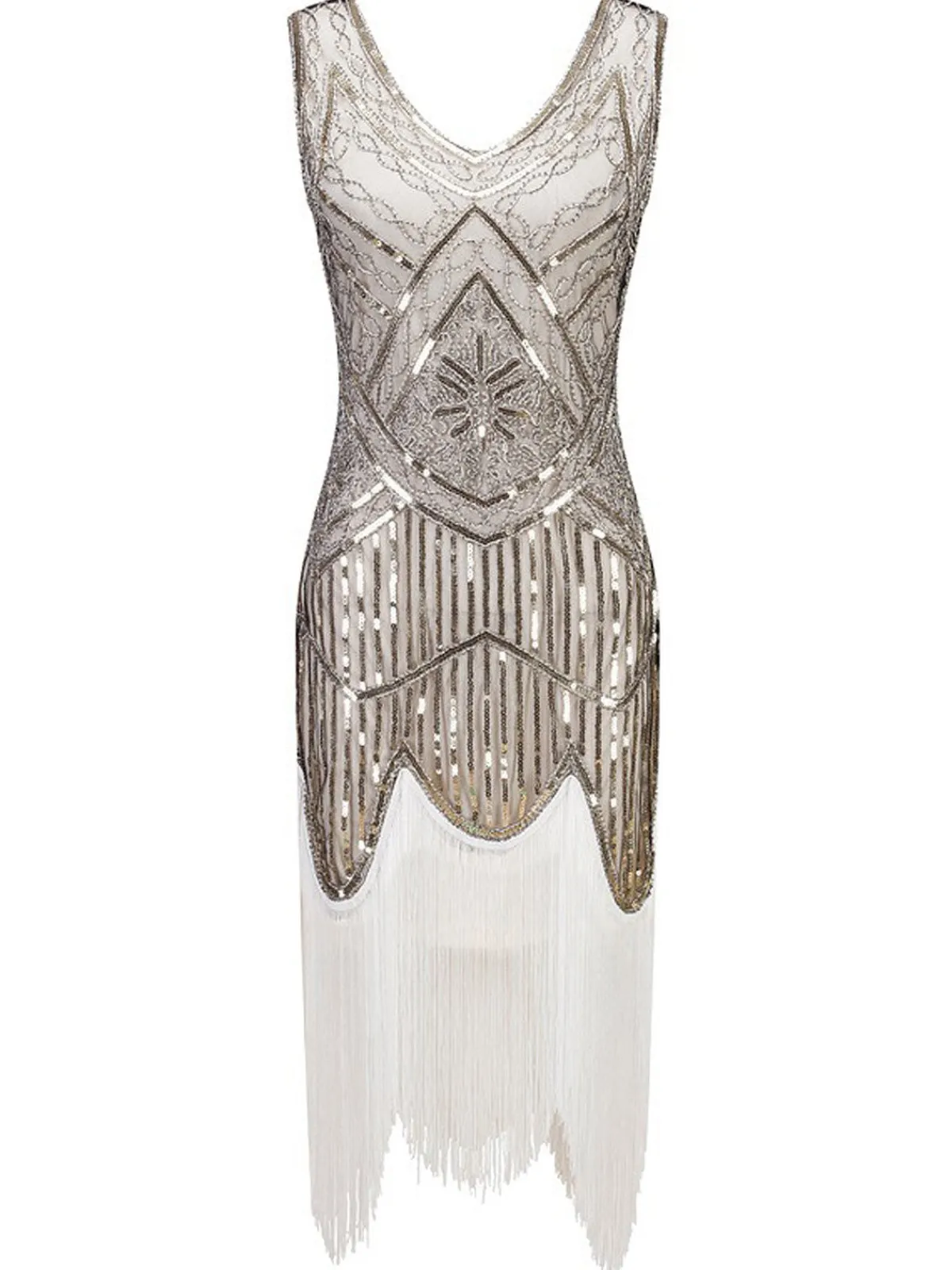 Clearance Retro Stage White 1920s Fringed Flapper Dress