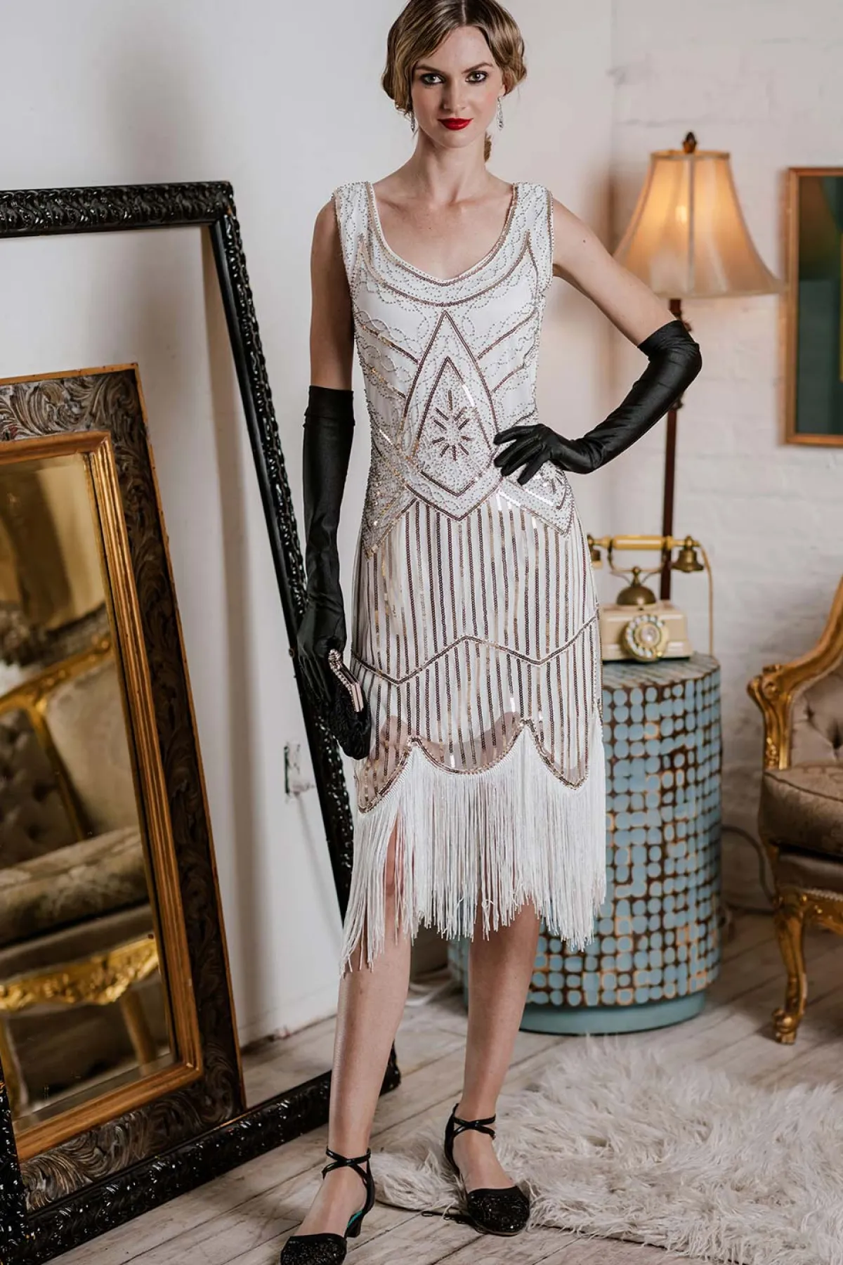 Clearance Retro Stage White 1920s Fringed Flapper Dress