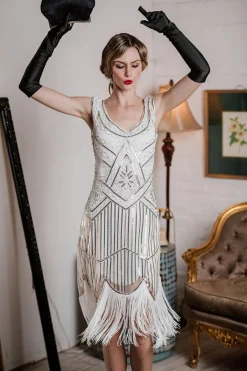Clearance Retro Stage White 1920s Fringed Flapper Dress