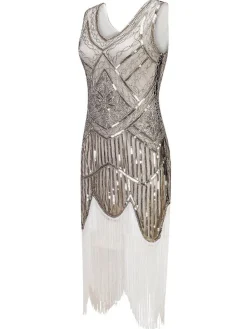 Clearance Retro Stage White 1920s Fringed Flapper Dress