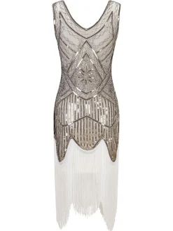 Clearance Retro Stage White 1920s Fringed Flapper Dress