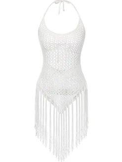 Sale Retro Stage 1960s Grid Halter Cover Up White