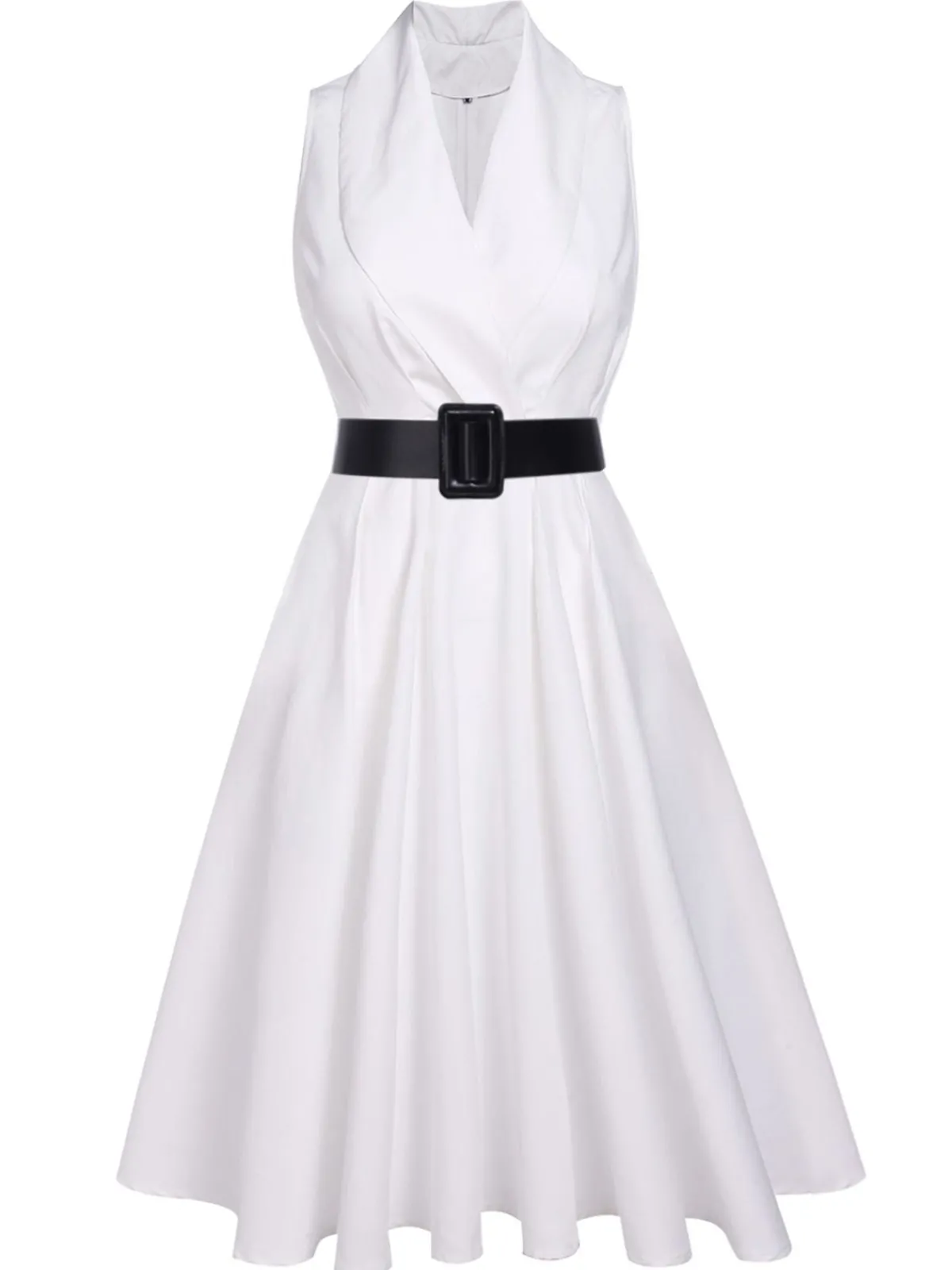 Clearance Retro Stage 1950s Halter Belted Swing Dress White