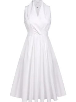 Clearance Retro Stage 1950s Halter Belted Swing Dress White