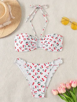 New Retro Stage 1950s Halter Cherry Bikini Set White