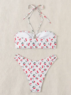 New Retro Stage 1950s Halter Cherry Bikini Set White