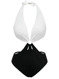 Hot Retro Stage 1960s Halter Deep V-Neck One-Piece Swimsuit White