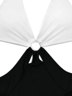 Hot Retro Stage 1960s Halter Deep V-Neck One-Piece Swimsuit White