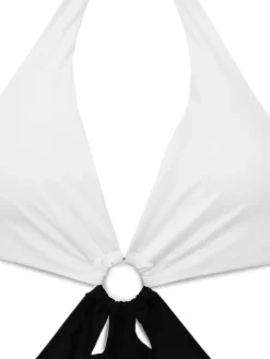Hot Retro Stage 1960s Halter Deep V-Neck One-Piece Swimsuit White