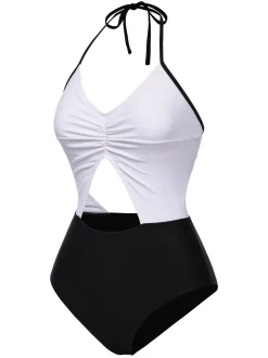 Clearance Retro Stage 1960s Halter Front Cutout One-Piece Swimsuit White