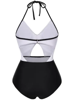 Clearance Retro Stage 1960s Halter Front Cutout One-Piece Swimsuit White