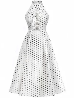 Hot Retro Stage 1950s Halter Polka Dots Bow Dress White