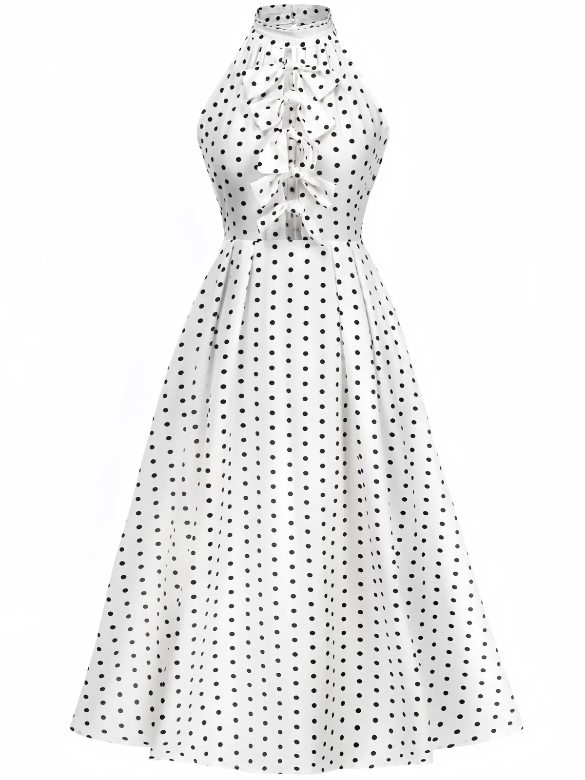 Hot Retro Stage 1950s Halter Polka Dots Bow Dress White