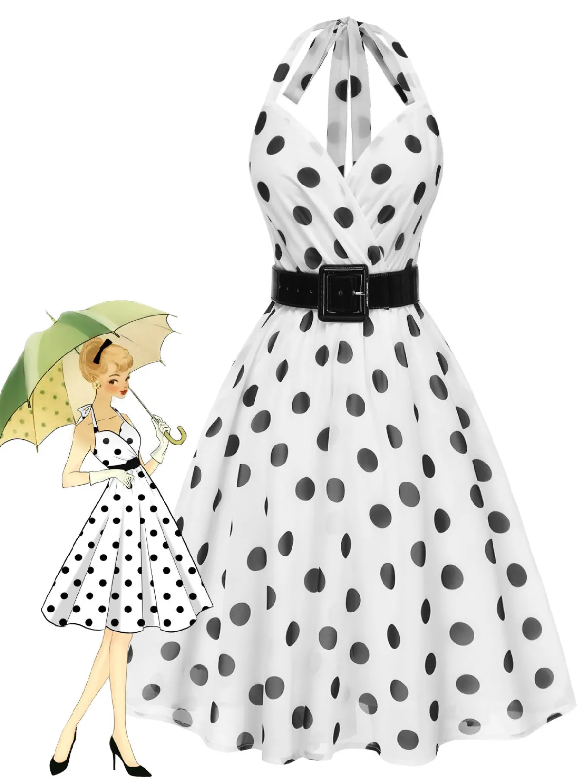 Outlet Retro Stage 1950s Halter Polka Dots Belted Mesh Dress White