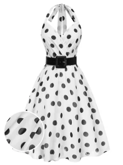 Outlet Retro Stage 1950s Halter Polka Dots Belted Mesh Dress White