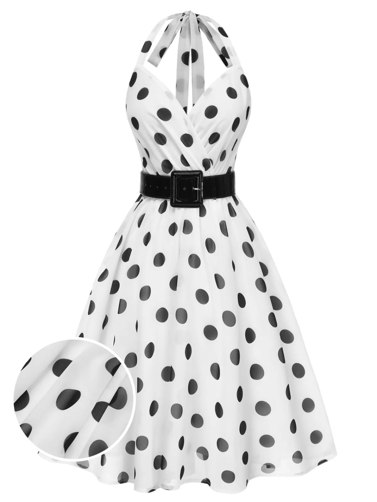 Outlet Retro Stage 1950s Halter Polka Dots Belted Mesh Dress White
