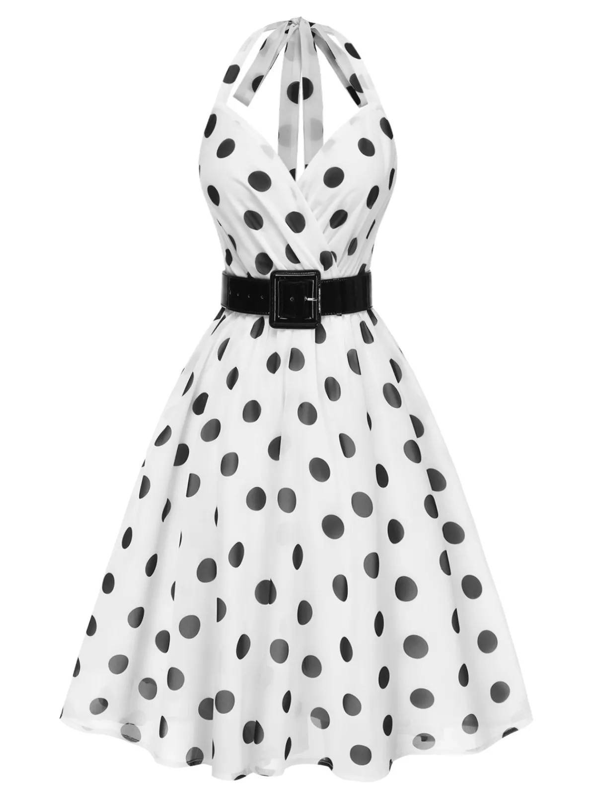 Outlet Retro Stage 1950s Halter Polka Dots Belted Mesh Dress White