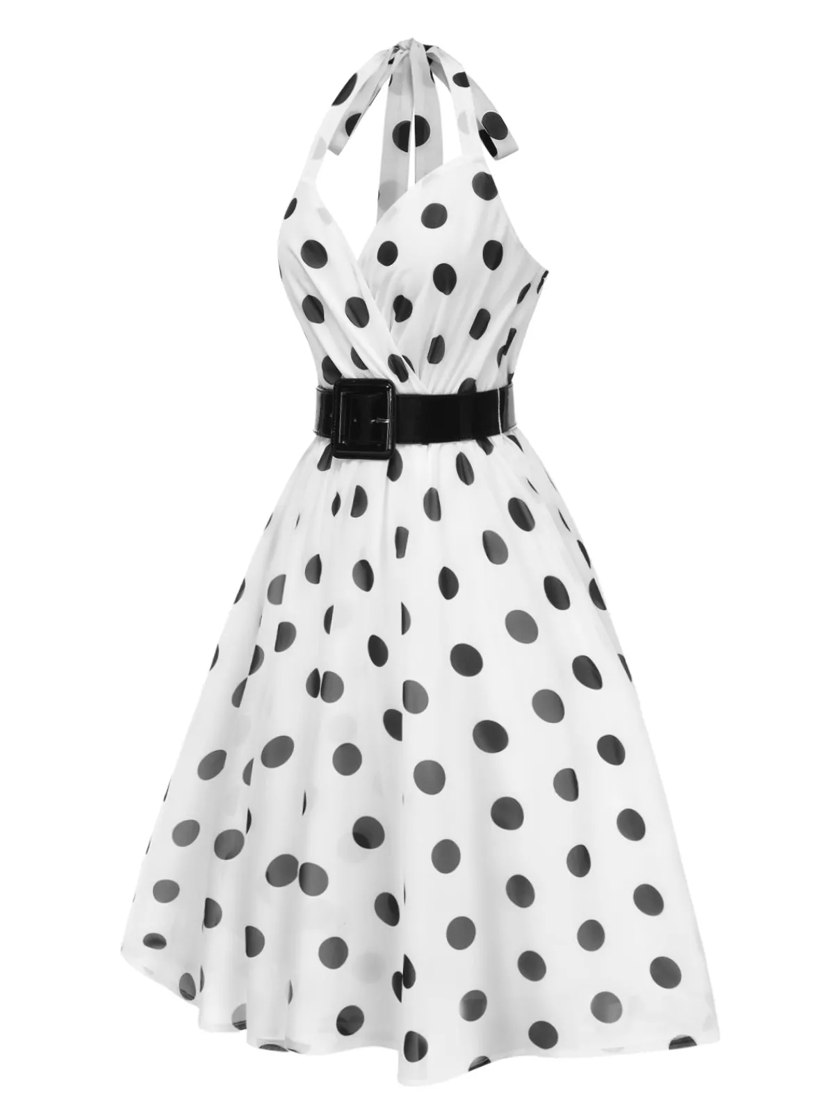 Outlet Retro Stage 1950s Halter Polka Dots Belted Mesh Dress White