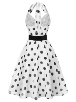 Outlet Retro Stage 1950s Halter Polka Dots Belted Mesh Dress White