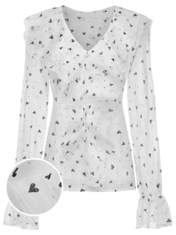 Hot Retro Stage 1940s Heart Dots Illusion Ruffle Blouse White