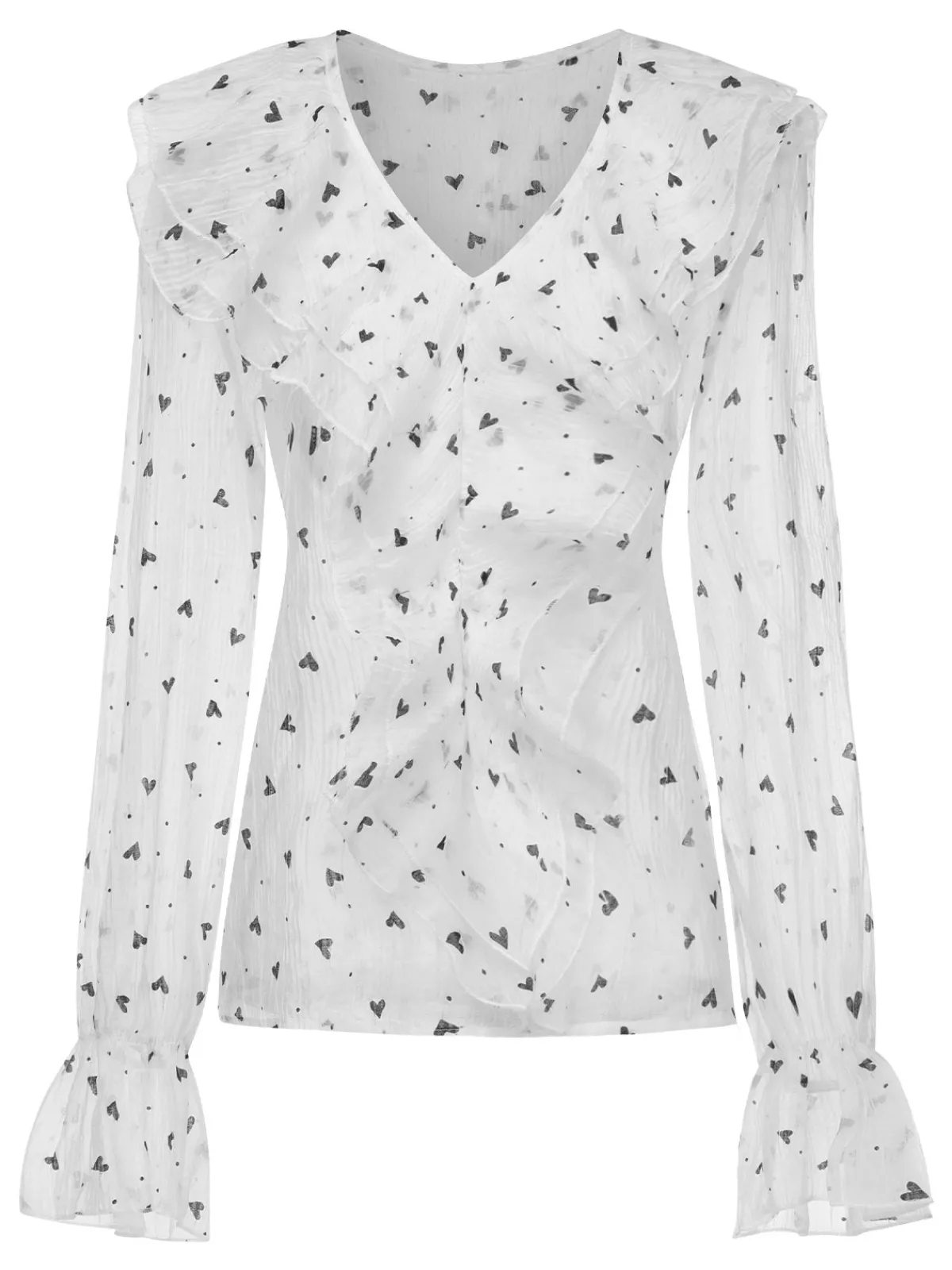 Hot Retro Stage 1940s Heart Dots Illusion Ruffle Blouse White