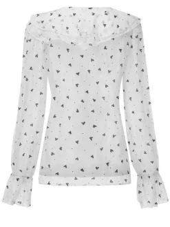 Hot Retro Stage 1940s Heart Dots Illusion Ruffle Blouse White