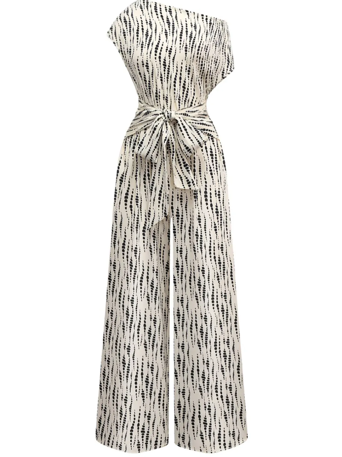 Hot Retro Stage 1940s Ink Stains Oblique Neck Jumpsuit White