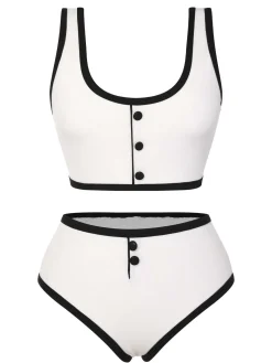 New Retro Stage 1930s Knit Contrast Swimsuit White