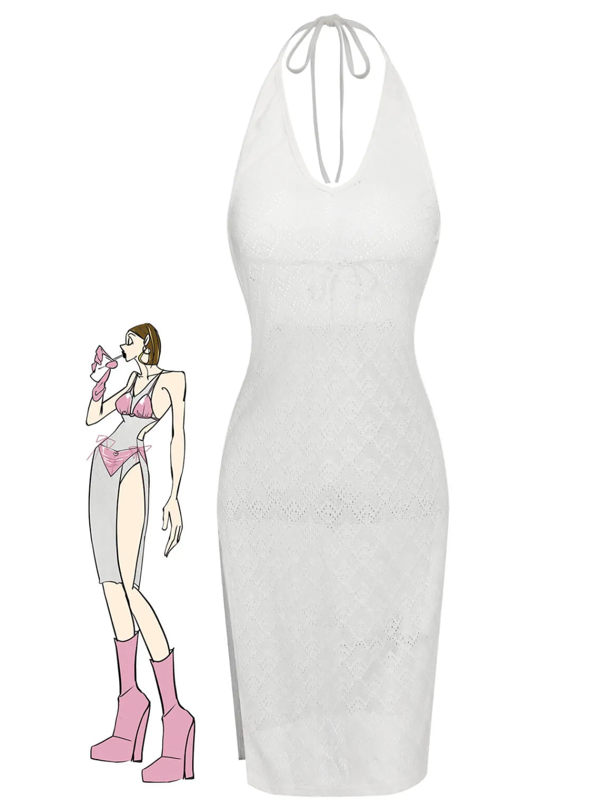 Hot Retro Stage 1960s Knitted Halter Dress Cover-Up White