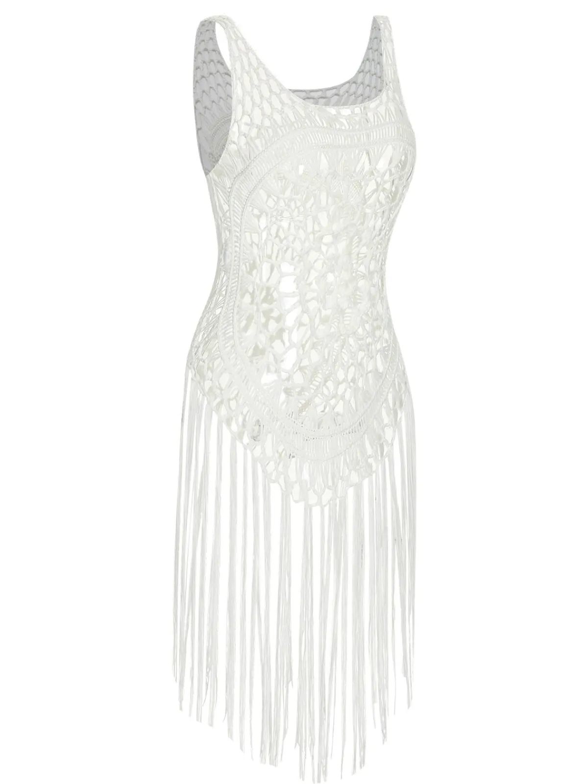 Outlet Retro Stage 1950s Knitted Tassel Hollow Cover-Up White
